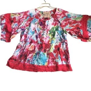 James Bryan floral tiered blouse SZ L Free-flowing flowered top Embroidered